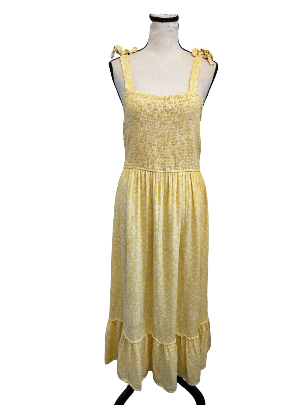 Japna Yellow Floral Smocked Maxi Dress Tie Shoulder Boho Cottagecore Size L